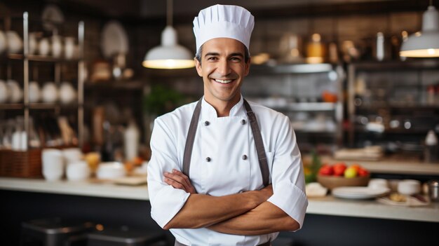 Zelfverzekerde pose van mannelijke chef-kok in de keuken