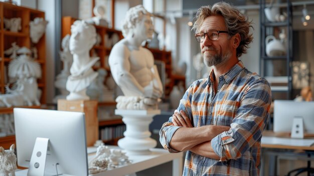 Foto zelfverzekerde senior kunstenaar in studio met sculpturen en laptop