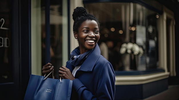 Zelfverzekerde solo-shopper staat met levendige indigo tas-besmettelijke vreugde