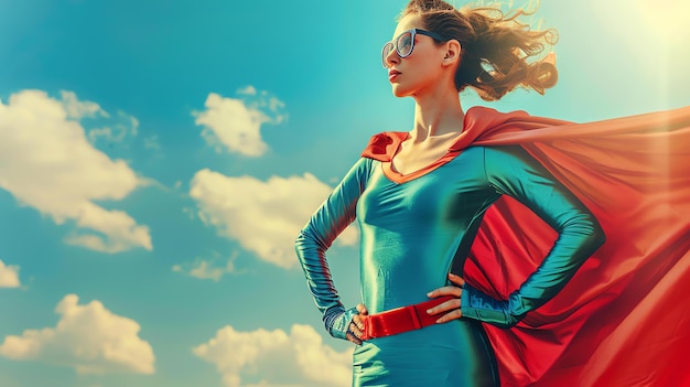 Foto zelfverzekerde superheldin met rode cape die met handen op de heupen staat tegen een bewolkte hemel