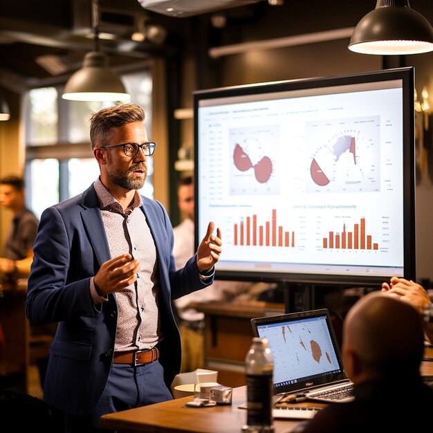 Zelfverzekerde volwassen zakenman die een presentatie geeft en iets uitlegt aan collega's gegenereerde AI