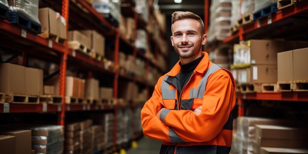 Zelfverzekerde vriendelijke man aan het werk in een magazijn in een hypermarkt voor bouwmaterialen