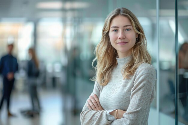 Foto zelfverzekerde vrouw in een modern kantoor met collega's