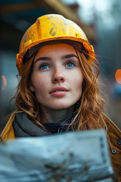 Zelfverzekerde vrouwelijke bouwvakker met een harde hoed die blauwdrukken in een stedelijke omgeving beoordeelt