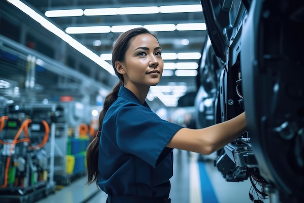 Zelfverzekerde vrouwelijke werknemer die vakkundig hightech-machines bedient in een moderne autofabriek