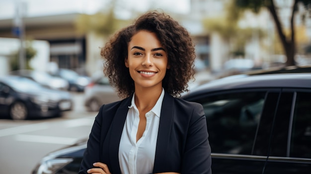 Zelfverzekerde zakelijke professional die naast haar auto poseert