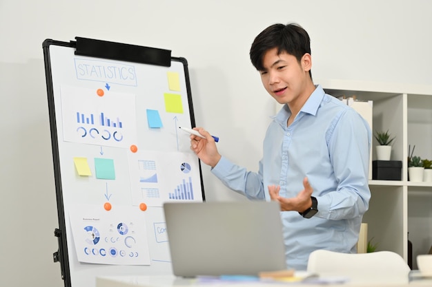 Zelfverzekerde zakenman die bedrijfsgegevens op whiteboard uitlegt tijdens online conferentie via laptopcomputer