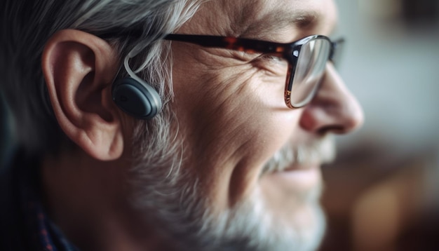 Zelfverzekerde zakenman die naar muziek luistert met een handsfree headset gegenereerd door AI