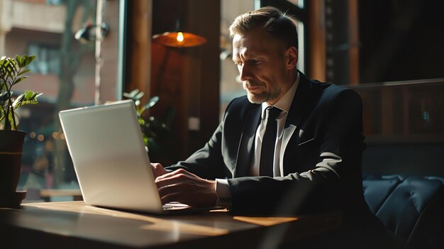 Zelfverzekerde zakenman die op een laptop werkt in een modern kantoor Succesvolle ondernemer die technologie gebruikt om verbonden en productief te blijven