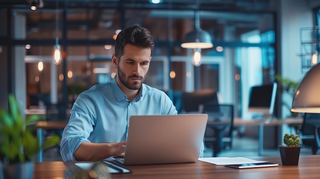 Zelfverzekerde zakenman die tot laat op kantoor werkt hij zit aan zijn bureau en schrijft op zijn laptop hij draagt een blauw shirt en heeft een baard