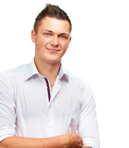 Zelfverzekerde zakenman en casual glimlach voor studio portret gelukkig en geïsoleerd op witte achtergrond Professionele persoon en formeel hemd voor winkelmanager carrière en trots op de achtergrond