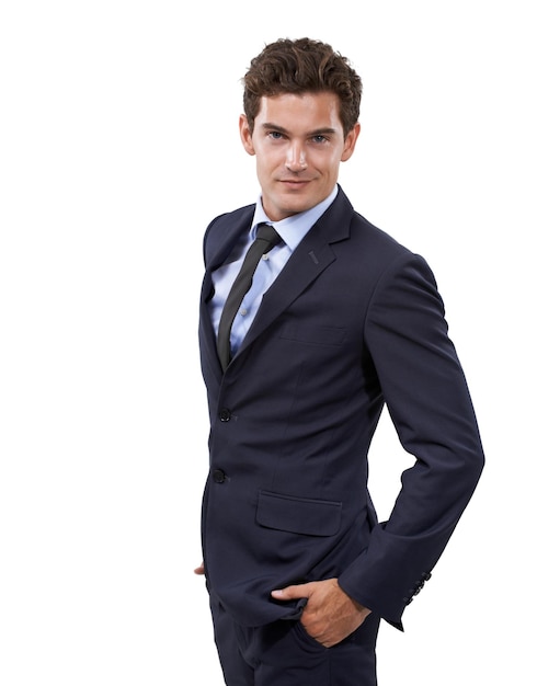 Zelfverzekerde zakenman en portret voor carrière trots in studio mockup start-up en professionele werknemer Persoon gezicht of handen in zak in bedrijfswerk formeel pak of advocaat op witte achtergrond
