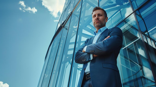 Zelfverzekerde zakenman staat voor een modern glazen gebouw hij draagt een pak en stropdas en heeft zijn armen gekruist