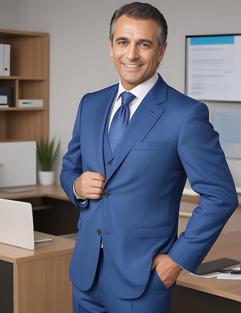 Zelfverzekerde zakenman van middelbare leeftijd in een blauw pak die trots leiding geeft op kantoor