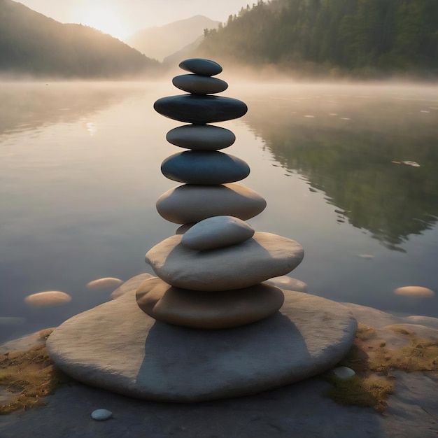 Дзен балансирует камешки рядом с туманным озером