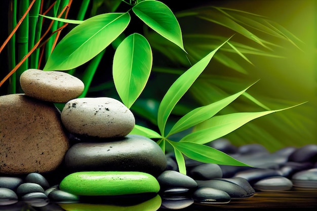 Zen basalt stones and bamboo on the pebble in the spa Generative AI