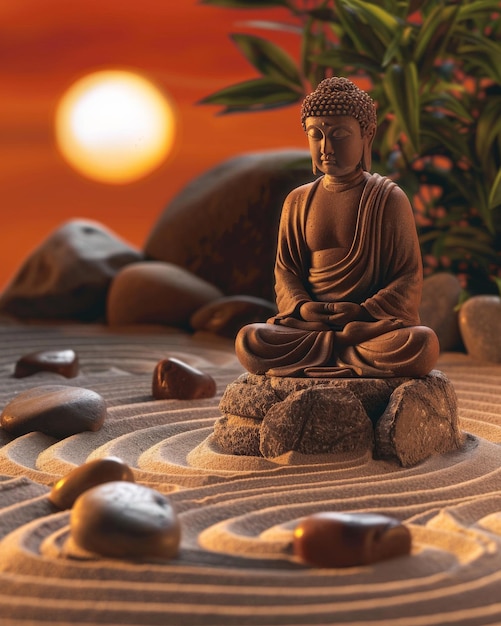 Zen Buddha Statue in Sunset Garden