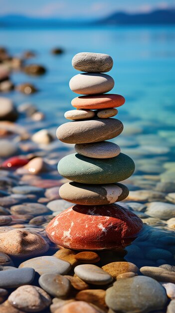 Zen concept of harmony and peace with a pyramid of round stones in a lake generated by AI