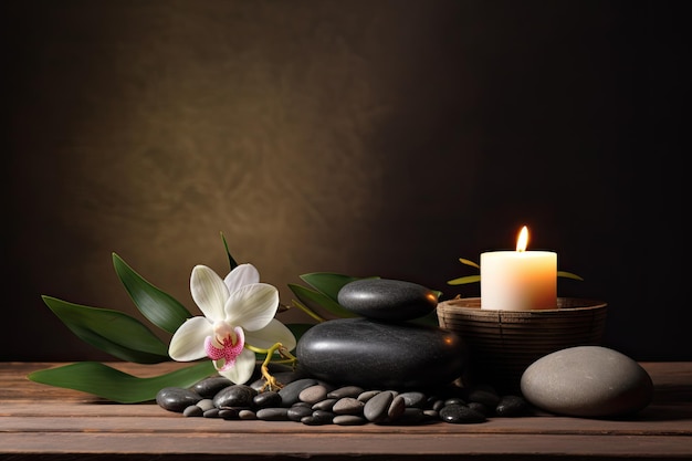 Zen concept with stones and candles on table