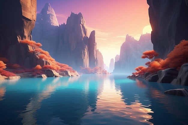 Zen Fantasy Ongebruikelijke 3D Render Landschap met kliffen en water bij zonsopgang