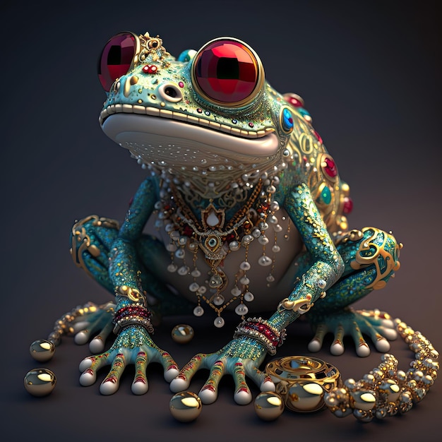 Zen frog with a lots of jewelery on it pearls diamonds gold on a dark background Wealth concept Generative AI