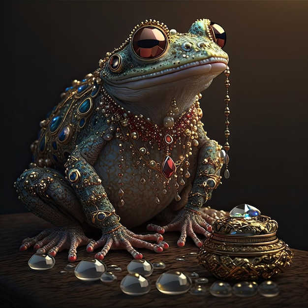 Zen frog with a lots of jewelery on it pearls diamonds gold on a dark background Wealth concept Generative AI