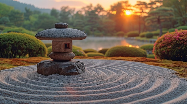 Дзен-сад на рассвете спокойный и спокойный с тщательно вырезанным песком вокруг него классический каменный фонарь занимает первое место.