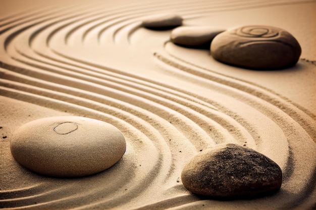 Zen garden meditation stone in sand and wave background Generative AI