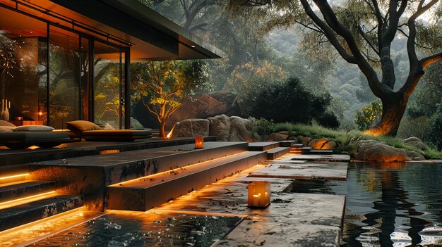 Photo zen garden at night a tranquil space of reflection and beauty illuminated by the gentle glow of lanterns