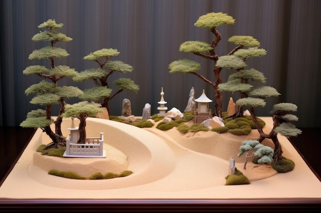 Photo zen garden setting with bonsai trees and raked sand created with generative ai