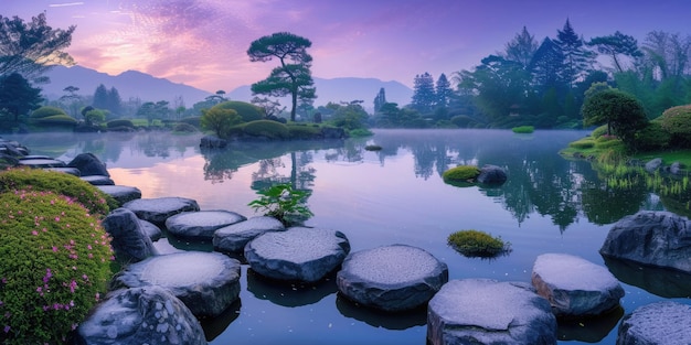 Zen Garden Stepping Stones over Tranquil Pond Resplendent