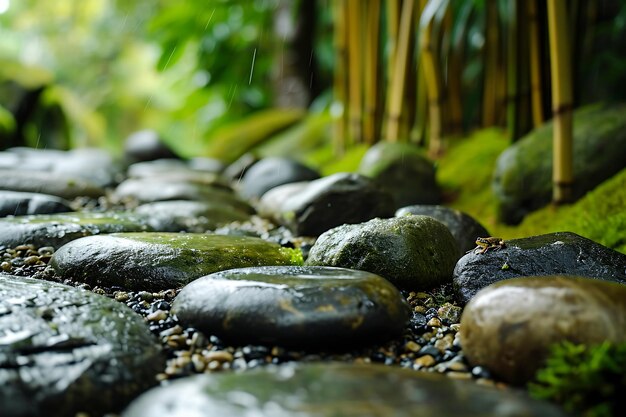 Zen Garden Tranquility Natte stenen en bamboe in zachte regen Close up