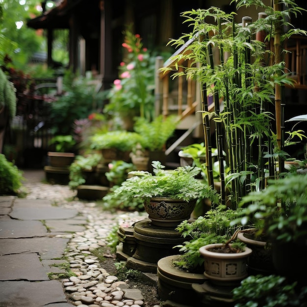 Zen garden with bamboo fountain