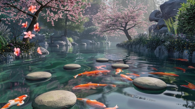 コイ 池 と 桜 の 花 を 植え た 禅 園