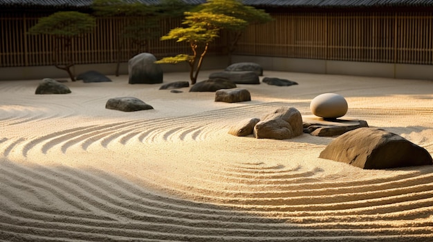 a zen garden with a large rock in the middle.