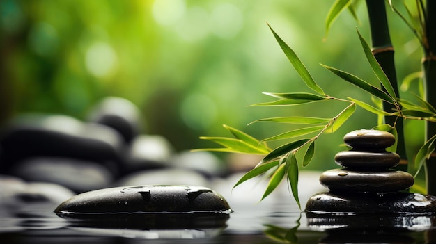 Zen garden with massage basalt stones and bamboo spa background