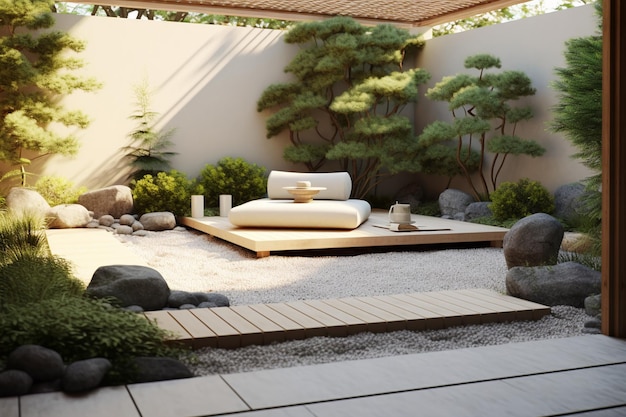 Zen garden with minimalist landscaping peaceful seating and natural elements