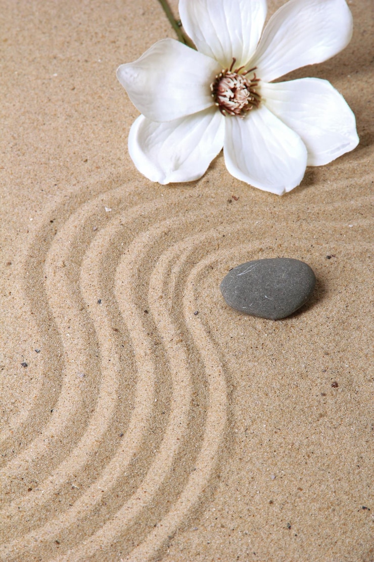 Photo zen garden with raked sand and round stone close up