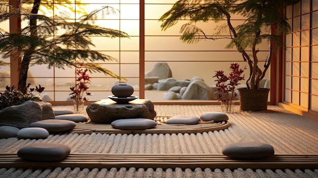 a zen garden with rocks and plants on a mat.