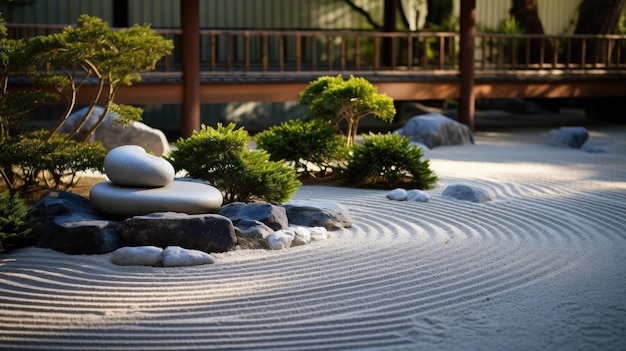 a zen garden with rocks and a small tree in the middle.