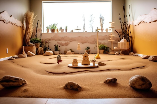 Zen garden with sand and rocks in yoga studio created with generative ai