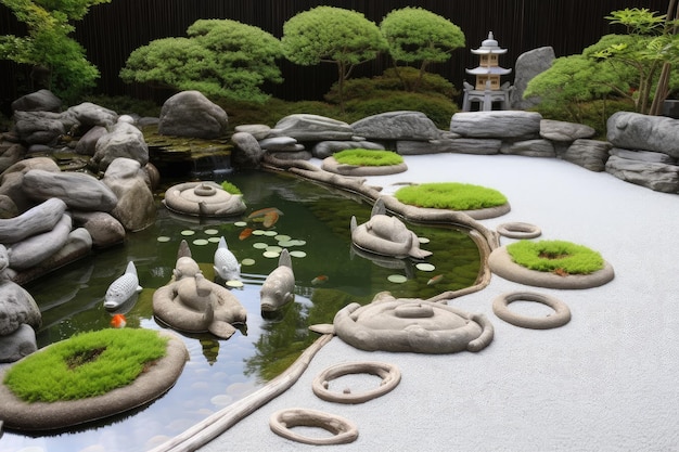 Zen garden with serene stone sculptures and koi pond