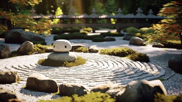 A zen garden with a stone circle and a stone path.