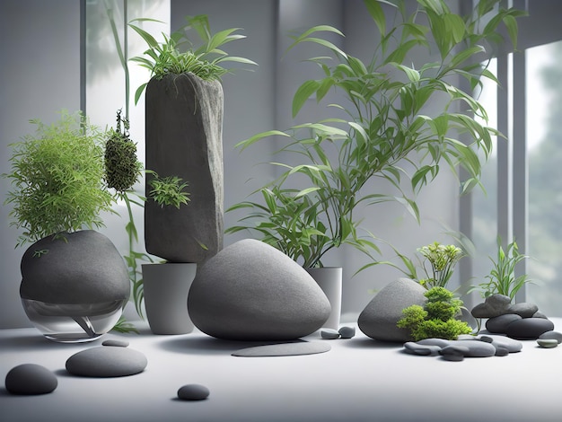 A zen garden with a stone planter and a planter.