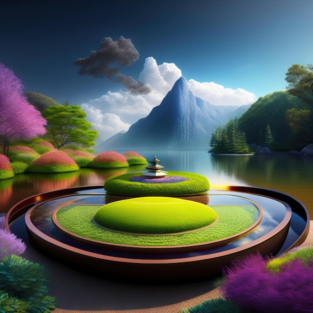 Zen garden. Zen background. Wallpaper for meditation. Digital painting  landscape. Stock Illustration