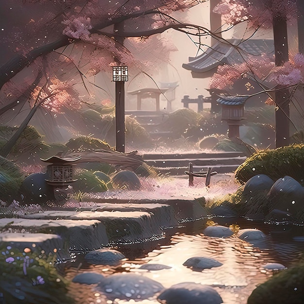 Zen gardens enchanting beauty as cherry blossoms flutter in the breeze a small bridge Generative ai