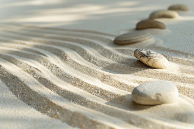 Zen-geïnspireerd landschap met stenen en zand die meditatie bevorderen