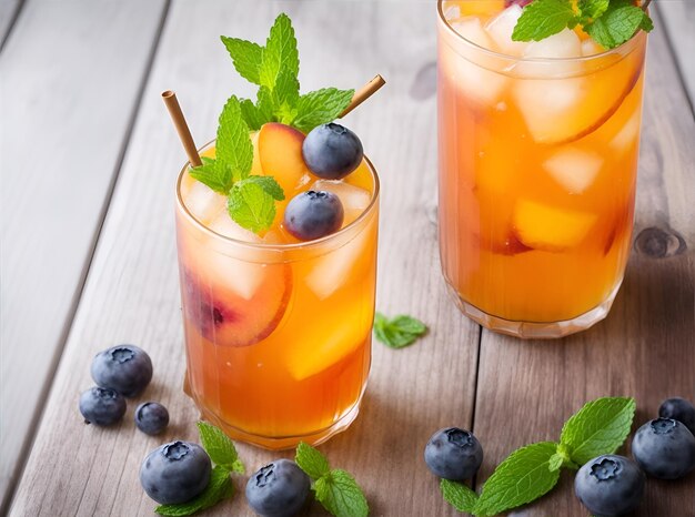 Zen in a glass homemade vegan mini peach tea with mint and blueberry