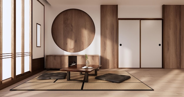 Zen kamer interieur houten muur op tatami mat vloer lage tafel en fauteuil 3D-rendering