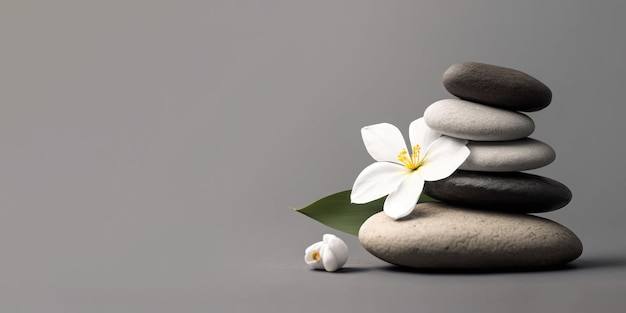Foto zen kiezelstenen en witte bloem op grijze achtergrond